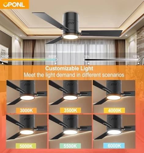 OPONL 42 WALL MOUNT CEILING FAN LIGHT REMOTE CONTROL FLUSH MOUNT NOISELESS BLACK - Image 3 of 4