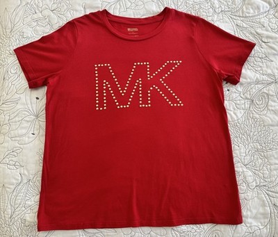 Michael Kors Women's Red Blouse Gold tone Studded Logo Top Large