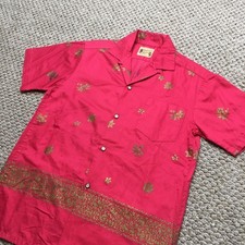 Vintage 60s Polynesian Bazaar Hawaiian Shirt Loop Collar Mens M Pink Floral