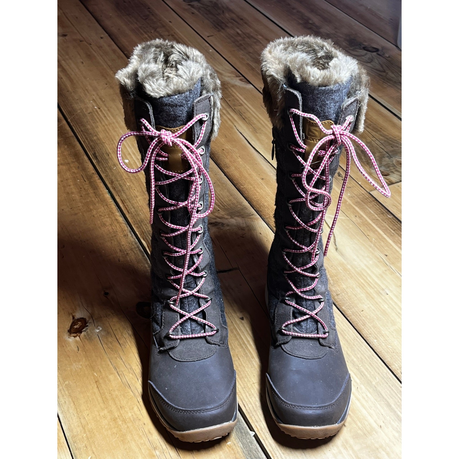 Stivali invernali trapuntati Salomon alti rosa marrone pelliccia sintetica top Climashield donna 8 5