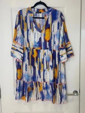 Made in Italy Dress Womens 14 16 Blue White Abstract Print Boho Tiered Smock