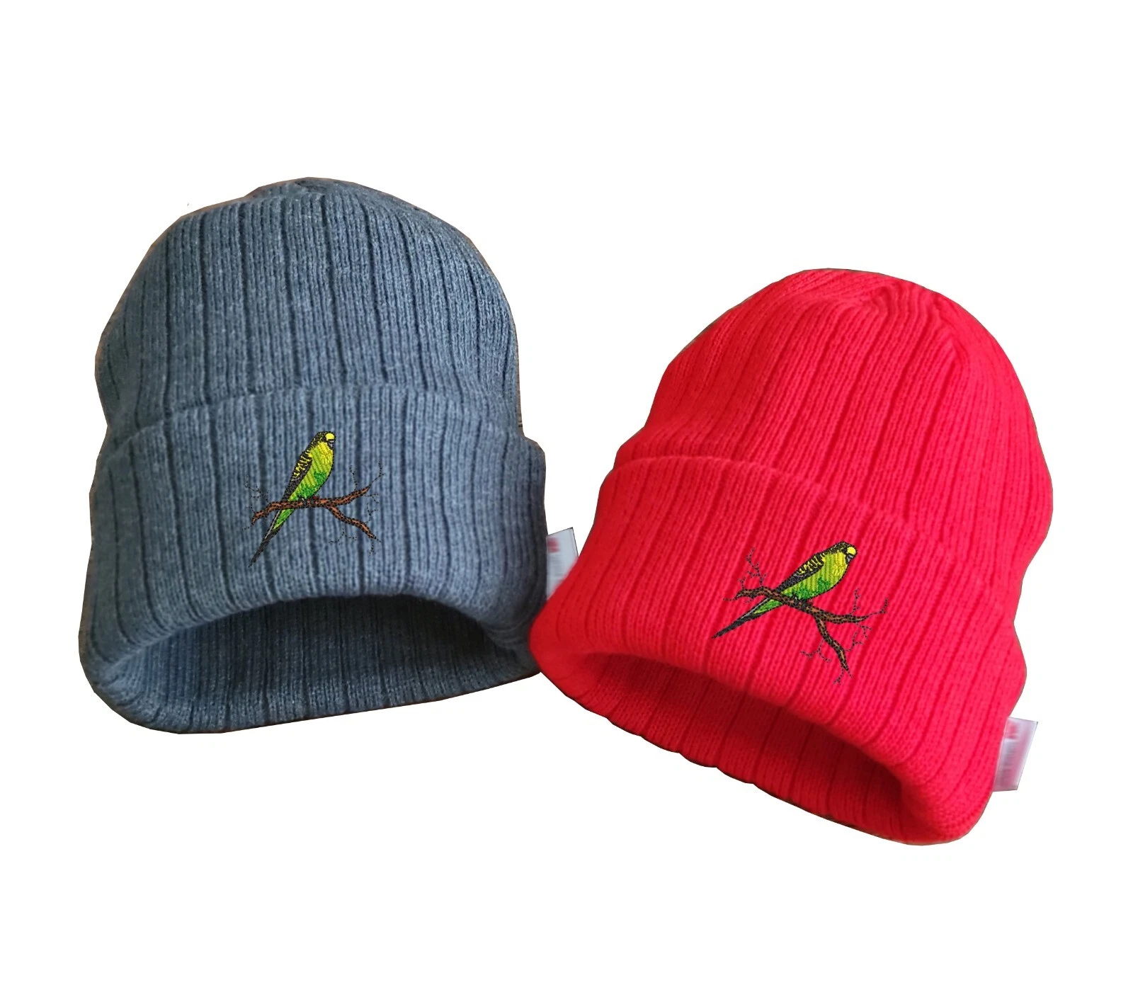 Parakeet bird embroidered fleece beanie hat, insulated beanie