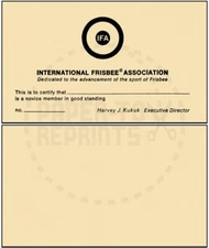 INTERNATIONAL FRISBEE ASSOCIATION MEMBERSHIP CARD - VINTAGE REPRINT