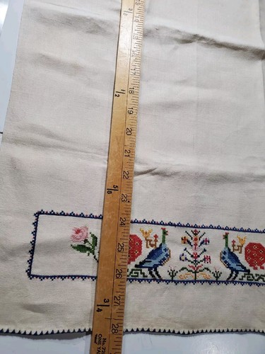 Vintage Leinen Geschirrtuch Handstickerei Vögel Pfauen Blumen Elfenbein 17x28" Vintage - Bild 11 von 11