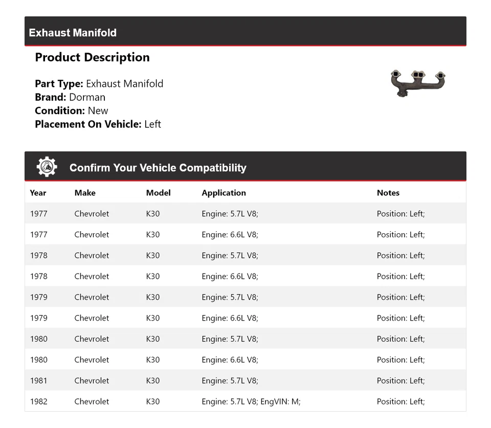 Colector de escape izquierdo para Chevrolet K30 Dorman 1977-1982 1978 1979 1980 1981 Foto 2 de 4