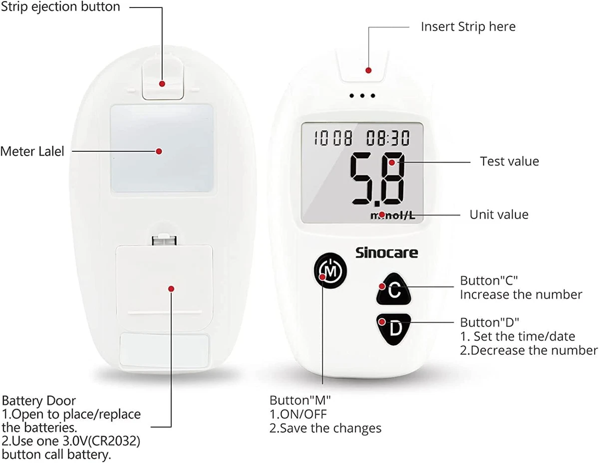 Glucómetro Medidor de glucosa en sangre Diabetes con 100 Tiras-mg/dl