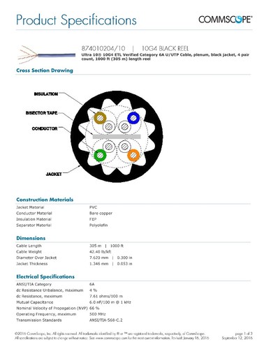 Commscope 10G4 Ultra 10 WebTrak Cat6A U/UTP Plenum Network FEP Cable Black/100ft - Picture 9 of 11