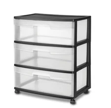 Sterilite Storage Drawer, 3 Drawer Wide Plastic Storage Cart with Clear Pull Out