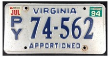 Virginia 1994 APPORTIONED SEMI TRACTOR License Plate P/Y 74-562!