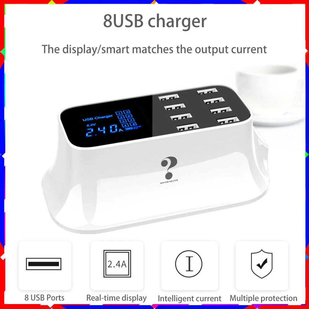 40W 5V/8A Multi-Port USB Hub with AC Adapter for Desktop & Travel Charging