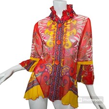 Damee Inc Jacket Top Size S Small Sheer Stand Wire Collar Paisley Bell Sleeves