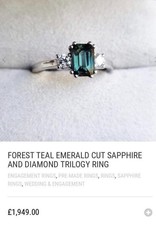 950 Platinum Forest Teal Sapphire & Diamond Trilogy Ring Size H
