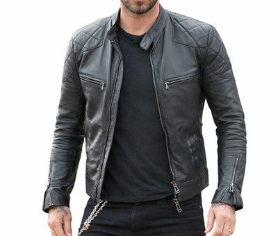 Herren Premium Schwarz Lederjacke Slim Fit Biker Style Gesteppte Schultern Jacke