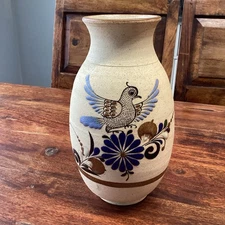 Vintage Folk Art Tonala Pottery Mexican Vase with Bird & Floral Design