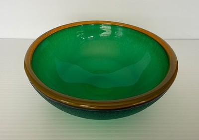 VTG. Franco Moretti emerald green yellow rim Scavo texture Murano art glass bowl