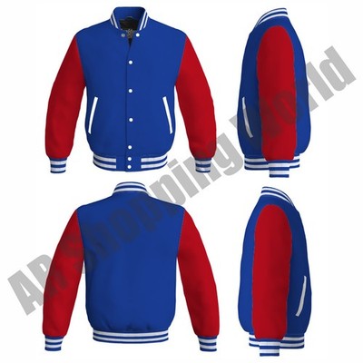 France Flag Varsity Letterman Wool Body  Leather Sleeves Baseball Bomber Jacket