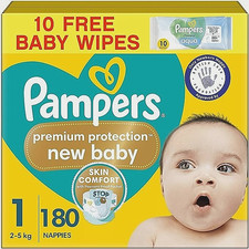 Pampers Premium Protection New Baby Size 1, 180 Nappies, 2kg-5kg, Monthly Pack + 0.24 per nappy