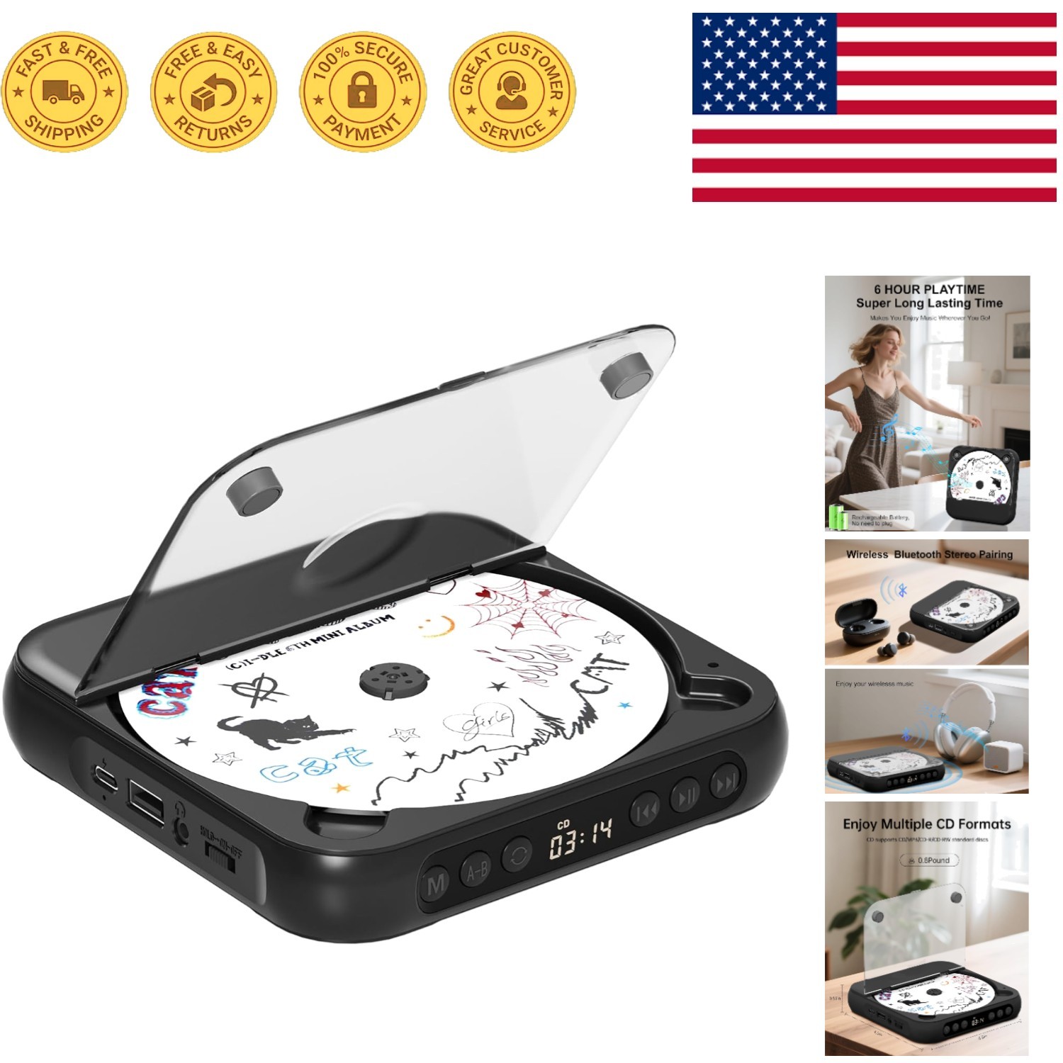 With Hifi Speakers & Rechargeable Battery - Black