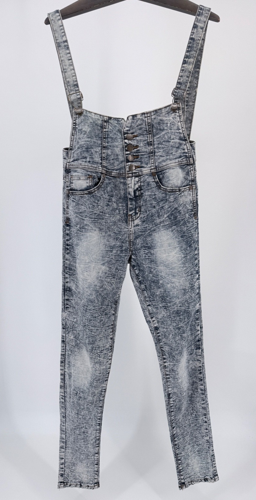 VIP Acid Wash Denim Overalls Women M Y2K 90s Grunge Stretch Slim Fit Jumper image 2