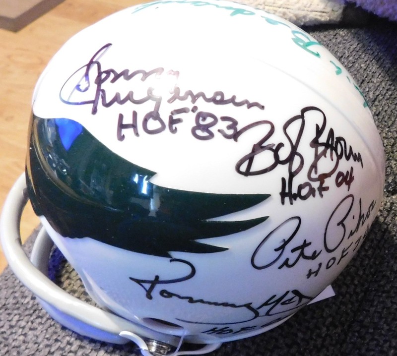 5 Eagles HOF signed mini helmet - Jurgensen, Bednarik, McDonald, Pihos, Brown