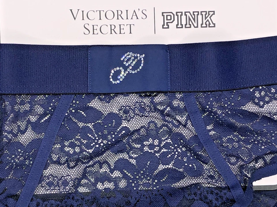 Victoria's Secret PINK NWT Small Blue Lace High Leg Brazilian Panty Logo Wink - Image 2 of 4
