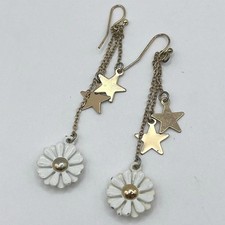 Vintage Boho Daisy Star Dangle Earring White Enamel Floral Gold Tone Tiered Drop