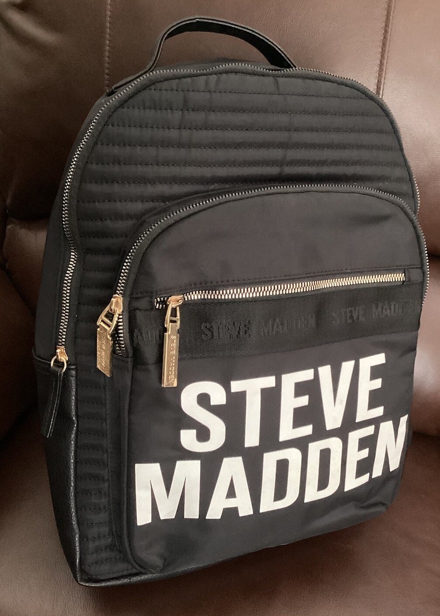 Steve Madden Logo Print Backpack w/Wristlet Nylon EUC Black 