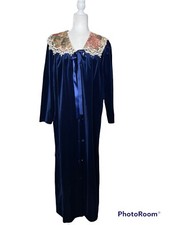 NWT Vintage ARIA Velvet Robe Button Closure Navy Blue Tapestry Collar Medium