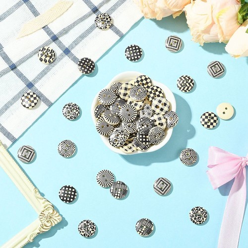 100pcs 2-Hole Button Wood Buttons Black Grid Printed for DIY Sewing Cloth Crafts - Picture 6 of 8