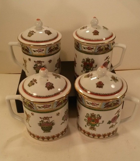Chinese Porcelain Tea Cups w/Handles & Lids 12 oz Set Of 4 eBay
