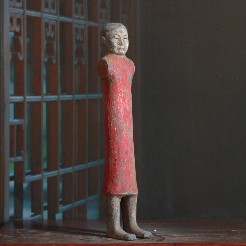 Old China Han Dynasty Pottery Painting Stand Men and Woman Figure Statue - Image 3 of 4