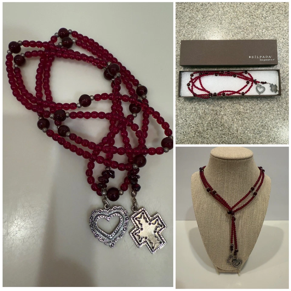 Usado en Excelente Condición Silpada 41" / Collar Lariat Esterlina Granate Rojo / Cruz y Corazón / CAJA