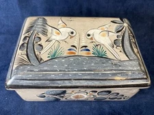Vintage Rare TONALA Mexico Pottery Lidded TRINKET BOX Hand Painted WHITE BIRDS