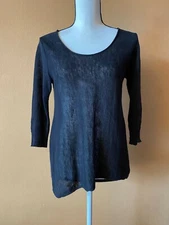 Eileen Fisher Black 100% Linen 3/4 Sleeve Asymmetrical Shirt Top Size XS