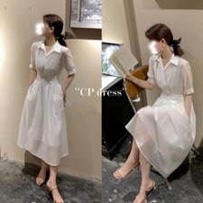 Fashion Women Dress Slim Waist Lapel Dress Elegant Long Shirt Daily Dress