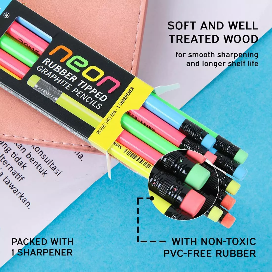Doms Neon Multi color Rubber Tipped Graphite Standard Wooden Pencils Pack of 10