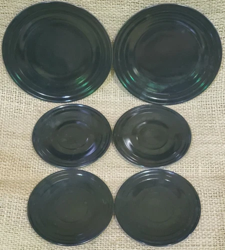 6 Hazel Atlas Monotone Black milk Glass Vintage 2 small Plates, 4 saucers OLD!