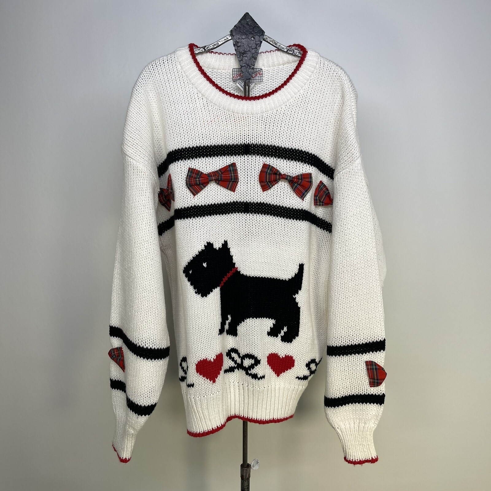 Vtg 90s Scottie Dog Sweater Tartan Plaid Bows Soft Acrylic Size L
