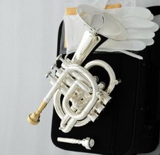 Professional Silver plated C Key Pocket Trumpet Horn Monel Valve 2Pc MOUTHPIECE