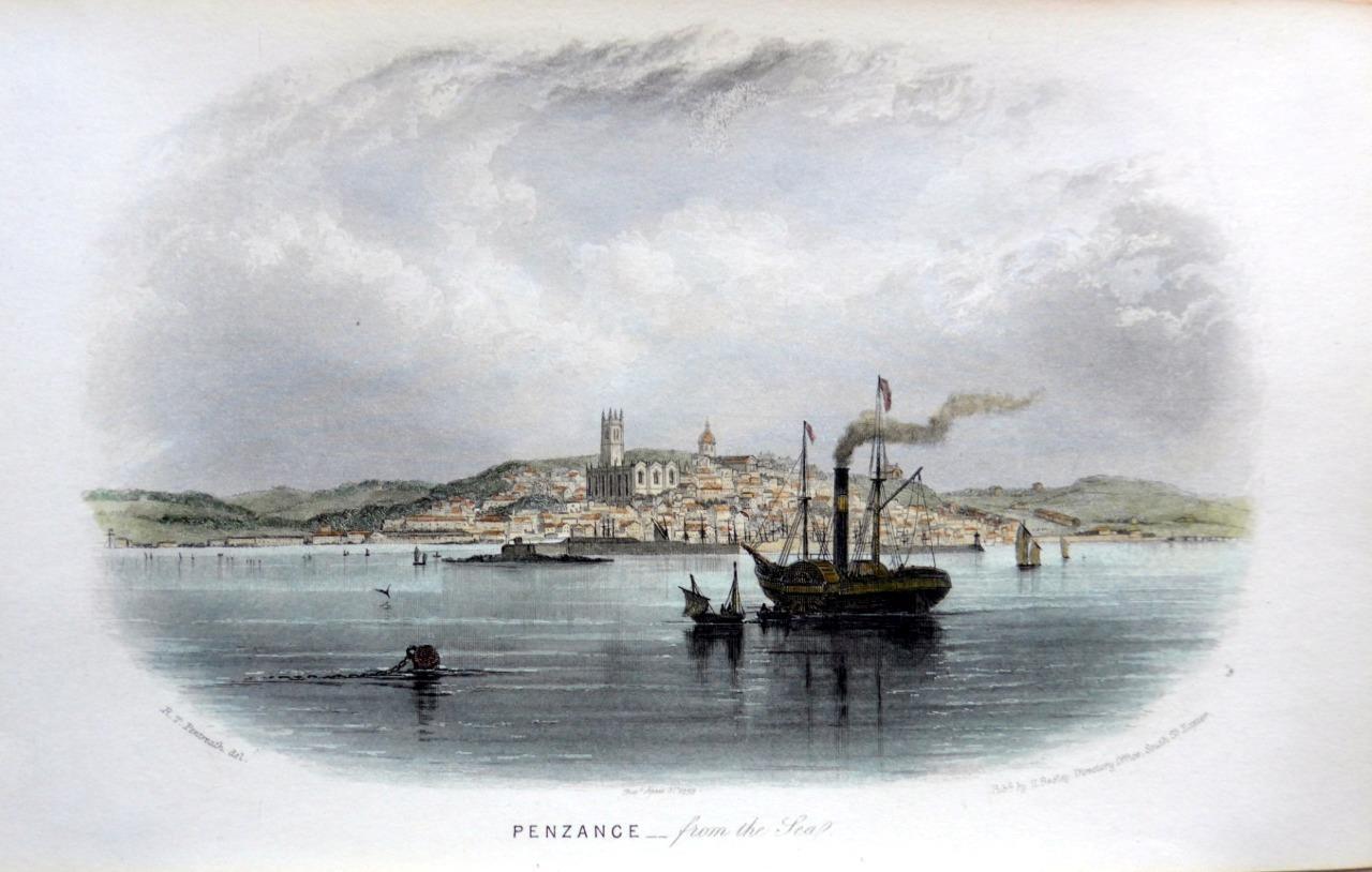 PENZANCE  CORNWALL c1840 GENUINE ANTIQUE ENGRAVING WITH HAND COLOUR