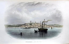 PENZANCE  CORNWALL c1840 GENUINE ANTIQUE ENGRAVING WITH HAND COLOUR