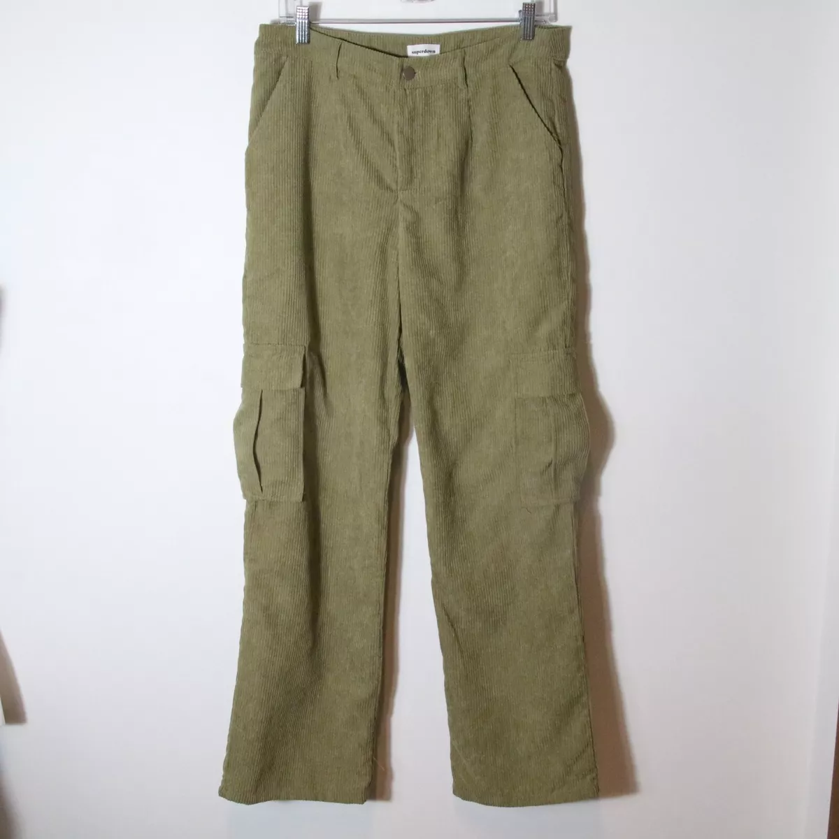 Superdown Women Willow Cargo Corduroy Pants Medium Wide Leg High Rise Army  Green