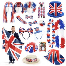 UNION JACK FANCY DRESS COSTUMES HATS WIG ACCESSORIES LOT VE DAY EUROVISION 