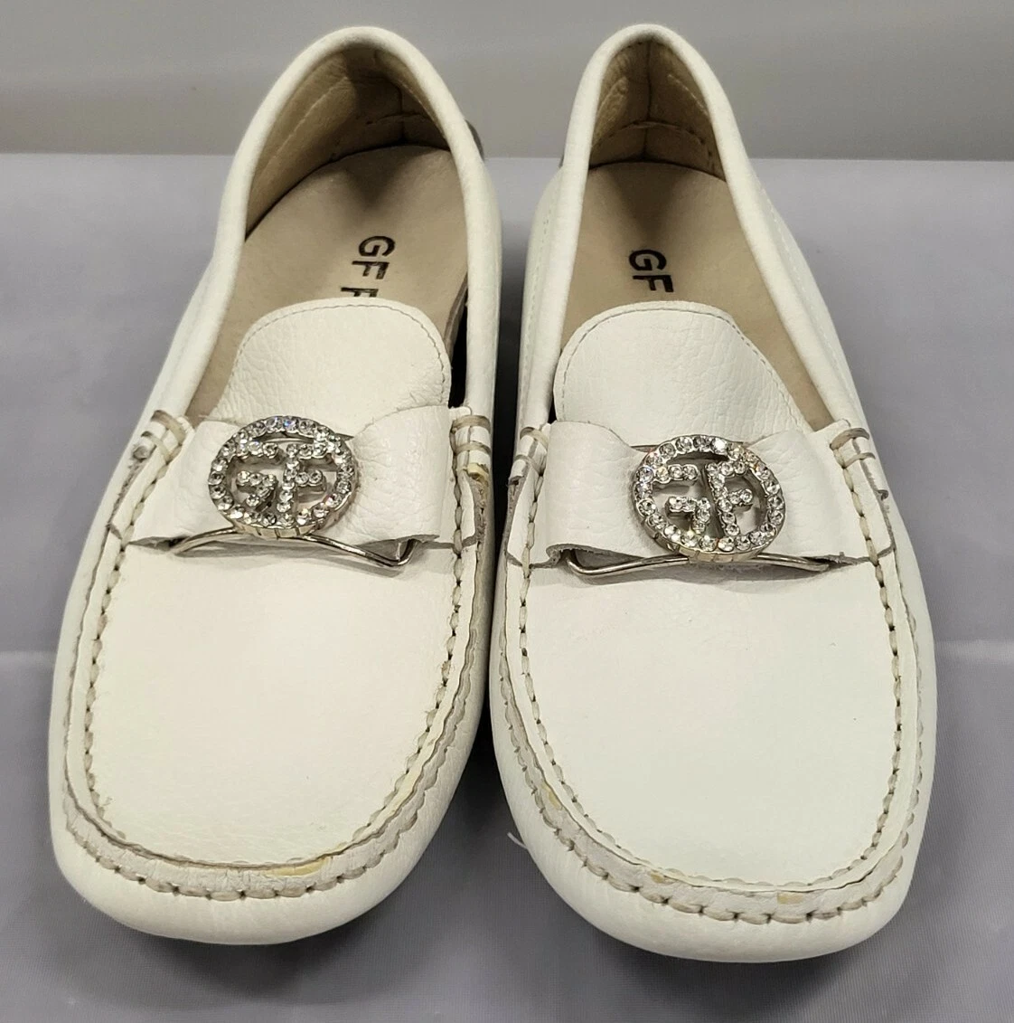 Gianfranco Ferre White Leather Rhinestone Logo Loafers Made In Italy SZ EU 35