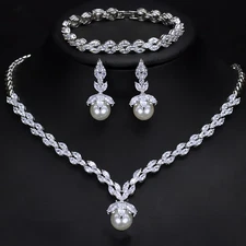 Marquise Zircon Silver Plated Pearl Necklace Bracelet Earrings Women Jewelry Set