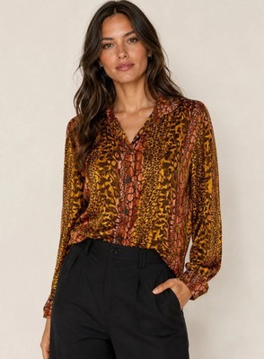 Vintage Escada Margaretha Ley Blouse Mixed Leopard Animal Print Silk Sz 38 (8-M)