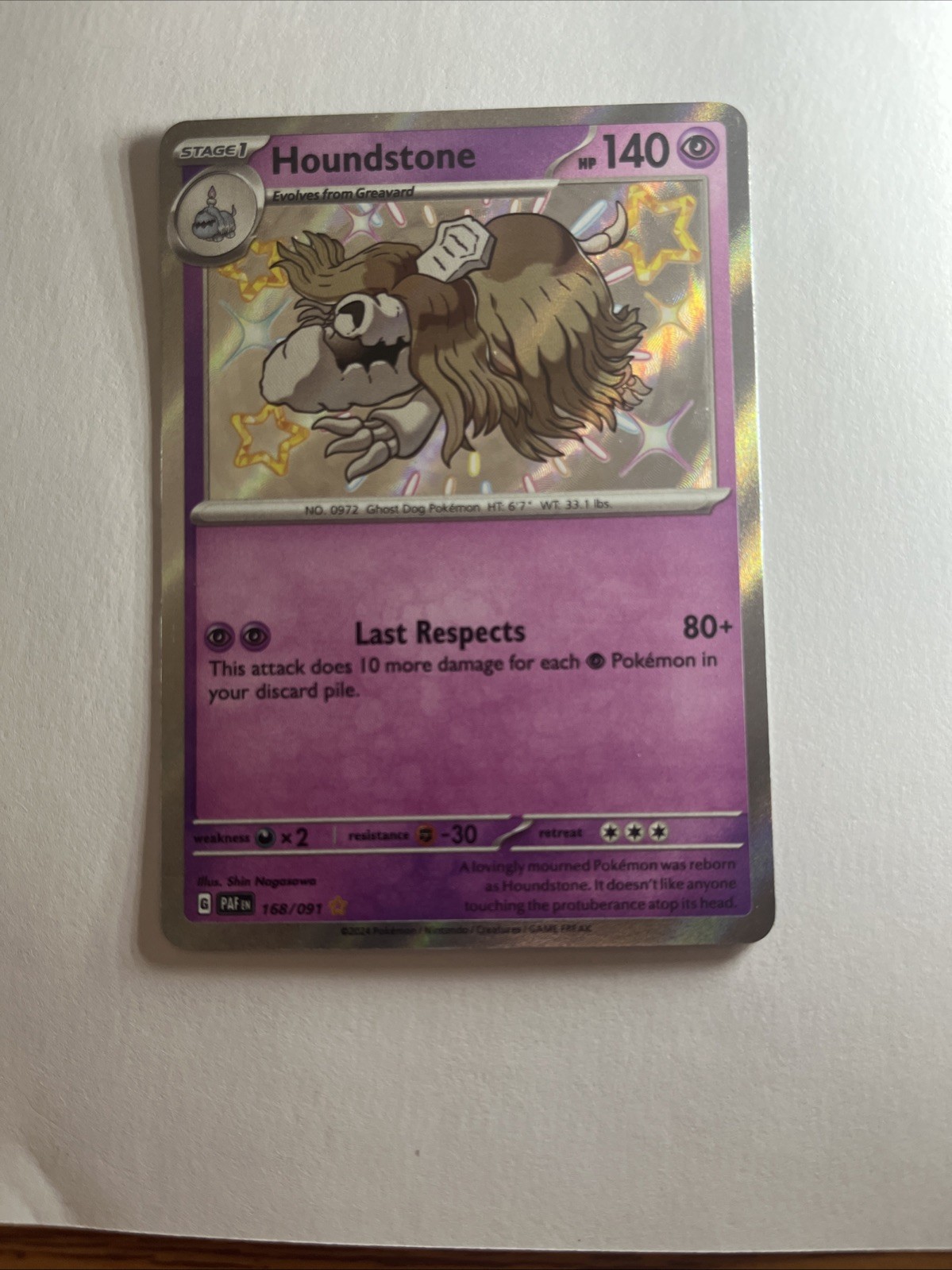 Houndstone 168/091  Holo Baby Shiny Rare Paldean Fates Pokemon Card