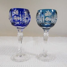 2 AJKA Crystal Cordial Glasses Cobalt & Aqua Cut To Clear 4-3/4"