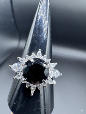Bomb Party Ring  Rising Sun of Creation  Black Onyx CZ Halo Ring Rhodium Size 10
