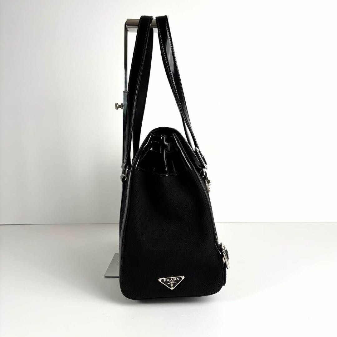 PRADA Women's Tote Bag Handbag Canvas Leather Black Noir Used Authentic thumbnail 4
